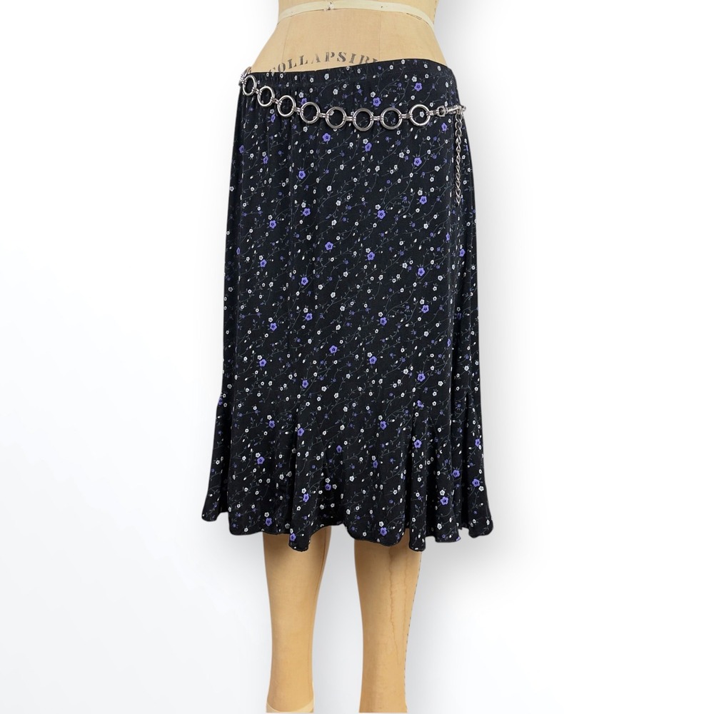 90's Whimsygoth Floral Midi Skirt Size L Ruffle Witchy Boho Dark Fairy Size L